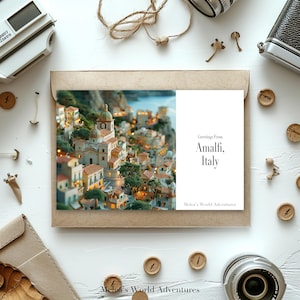 Carte postale numérique Amalfi, Italie, voyage en Europe, photographie de voyages dans le monde, salutations de paysage, carte postale téléchargeable, conception assistée par IA-01