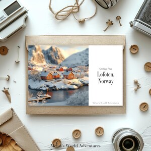 Carte postale numérique des Lofoten, Norvège, voyage du monde, Europe, photographie de voyage, salutations de paysage urbain, conception assistée par IA téléchargeable-02