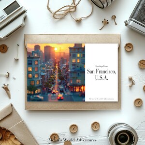 Postal digital de San Francisco, EE. UU. Viajes por el mundo Fotografía de viajes por Norteamérica Saludos desde el paisaje urbano Diseño asistido por IA descargable-08