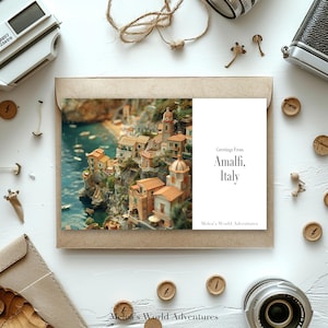 Carte postale numérique Amalfi, Italie, voyage en Europe, photographie de voyages dans le monde, salutations de carte postale téléchargeable paysage, conception assistée par IA-03