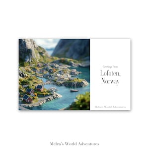Carte postale numérique des Lofoten, Norvège, voyage du monde, Europe, photographie de voyage, salutations de paysage urbain, conception assistée par IA téléchargeable-07
