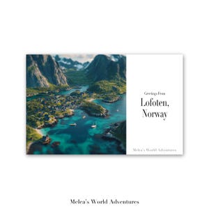 Carte postale numérique des Lofoten, Norvège, voyage du monde, Europe, photographie de voyage, salutations de paysage urbain, conception assistée par IA téléchargeable-01