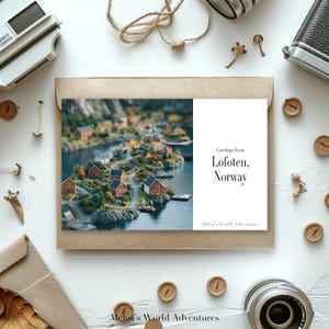 Carte postale numérique des Lofoten, Norvège, voyage du monde, Europe, photographie de voyage, salutations de paysage urbain, conception assistée par IA téléchargeable-04