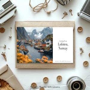 Carte postale numérique des Lofoten, Norvège, voyage du monde, Europe, photographie de voyage, salutations de paysage urbain, conception assistée par IA téléchargeable-08