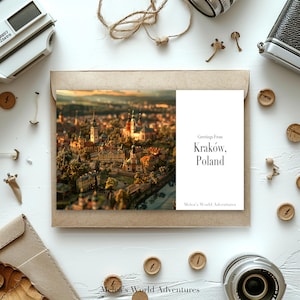 Carte postale numérique de Cracovie, Pologne, voyage en Europe, photographie de voyages dans le monde, salutations de paysage, carte postale téléchargeable, conception assistée par IA-03