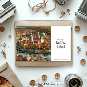 Carte postale numérique de Cracovie, Pologne, voyage en Europe, photographie de voyages dans le monde, salutations de paysage, carte postale téléchargeable, conception assistée par IA-01