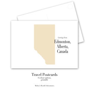 Pode incluir: Postal de viagem branco com um contorno bege de Alberta, Canadá. O texto diz "Greetings From Edmonton, Alberta, Canada." Abaixo, o texto "Travel Postcards" é exibido, com "6 colour options, printable". O postal é de Melea's World Adventures.