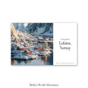 Carte postale numérique des Lofoten, Norvège, voyage du monde, Europe, photographie de voyage, salutations de paysage urbain, conception assistée par IA téléchargeable-05