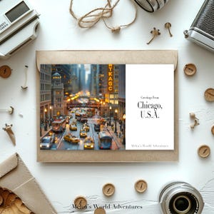 Postal digital de Chicago, EE. UU., fotografía de viajes de América del Norte, saludos desde el paisaje urbano, postal descargable, diseño asistido por IA-01