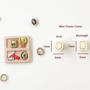 May include: Miniature frame cutters in oval (6mm x 7mm) and rectangle (5mm x 7mm) shapes. The image also shows a miniature shelf with framed art and a potted plant, along with other small framed images.