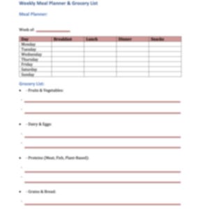 May include: A printable weekly meal planner and grocery list template. The template includes a table for planning meals for each day of the week, with columns for breakfast, lunch, dinner, and snacks. The grocery list section is divided into categories for fruits and vegetables, dairy and eggs, protein, and grains and bread.