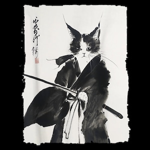 Samurai Cat Shirt Design: Japanese Ink Art PNG (Digital Download