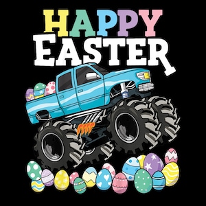 Könnte beinhalten: Ein blauer Monstertruck mit großen schwarzen Reifen und dem Schriftzug "HAPPY EASTER" in bunten Buchstaben. Die Ladefläche des Trucks ist mit Ostereiern gefüllt, und weitere dekorierte Eier befinden sich am unteren Bildrand. Der Hintergrund ist schwarz.