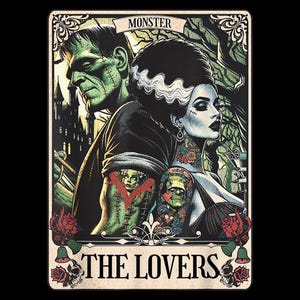 Frankenstein & Bride Tarot Card PNG: Gothic Horror Halloween T-Shirt Design (Digital Download)