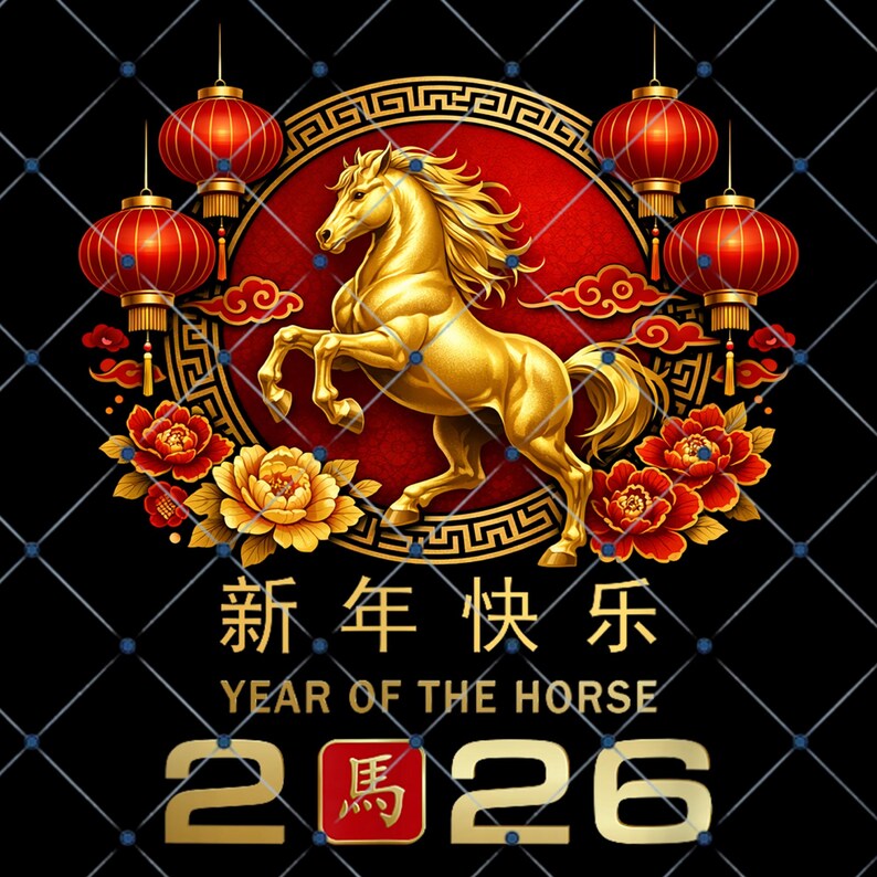Year of the Horse 2026 PNG – Golden Lunar New Year Clipart (digital ...