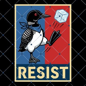 May include: A graphic illustration featuring a cartoon loon wearing a blue bandana, kicking a floating ice cube. The background is split red and blue, with the word "RESIST" in bold letters at the bottom. A grid pattern overlays the image.