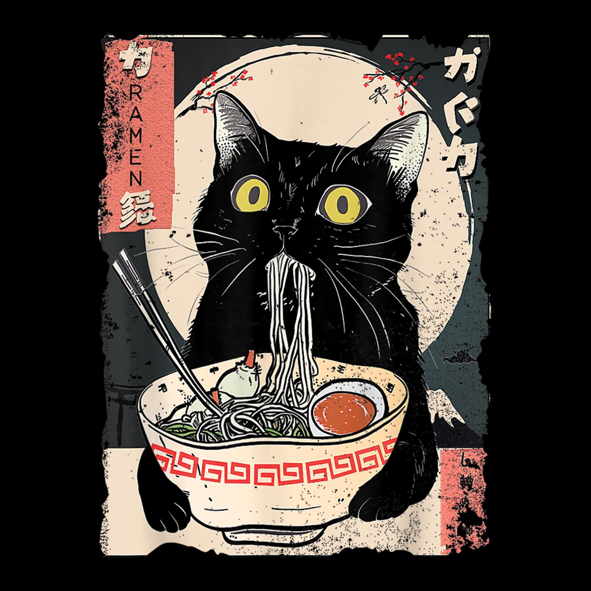 Ramen Cat PNG, Japanese Retro Neko Design, Funny Black Cat Eating ...