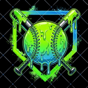 May include: A neon green softball with dripping slime, crossed baseball bats, and a geometric frame. The design features a black background with a diamond pattern, and accents of blue and green.