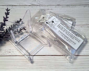 Quantity of 20 - Small, Adjustable Display Stands/Easels, Clear Acrylic.