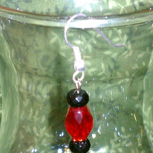 May include: A single dangle earring with a silver hook. The earring features a black bead, a faceted red bead, and another black bead. The earring is set against a blurred green background.