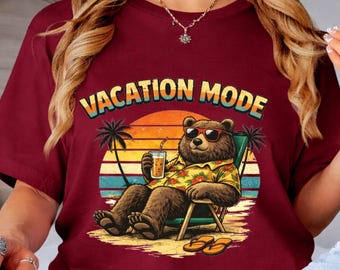 Vacation Mode Shirt Funny Bear Shirt, Retro Sunset T-Shirt, Vacation Vibes Tee, Staycation Shirt, Grizzly Bear Tee