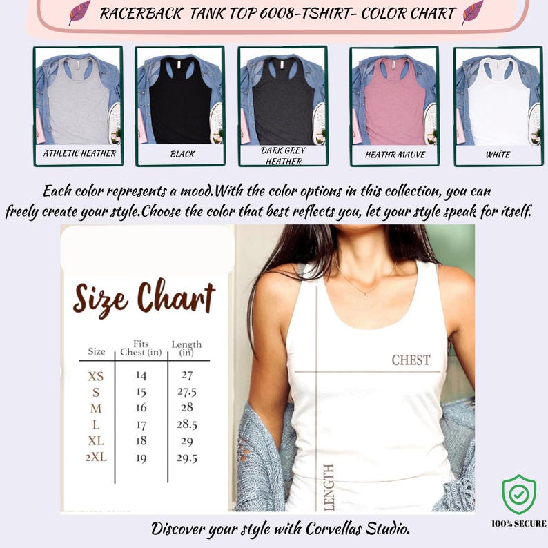 May include: A color chart for a racerback tank top, featuring options in athletic heather, black, dark grey heather, heather mauve, and white. A size chart shows chest and length measurements in inches. The text reads, "Discover your style with Corvellas Studio."