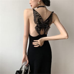 Robe brodée papillon, robe de fée élégante, robe de mariée gothique noire, robe de banquet formelle délicate, robe cottagecore sexy vintage