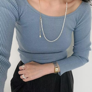 Modern Baroque Pearl Lariat Long Necklace – Adjustable Freshwater Pearl & 14K Gold Chain Pendant, Long Minimalist Jewelry,Gift for Her