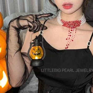 Halloween Vampire Blood Drop Choker | Gothic Pearl Cosplay Necklace | Red Beaded Statement Costume Jewelry for Her