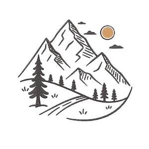 May include: A black and white line drawing of a mountain range with a sun and trees. The illustration features a mountain peak, a sun, clouds, and a road winding through the landscape. The style is simple and graphic.