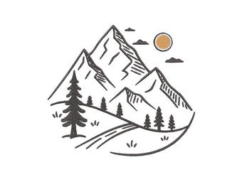 Sunrise Over Mountains Embroidery – Nature Landscape Machine Embroidery Design for Hiking, Camping, Outdoors