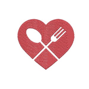 May include: A red heart with a white fork and spoon inside, symbolizing love for food.