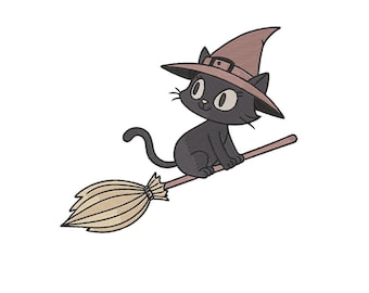 Halloween-häxa och kattbroderidesign: Flygande kvast (digital fil)