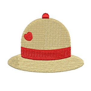 May include: A beige safari hat with a red band and a small red heart on the crown.
