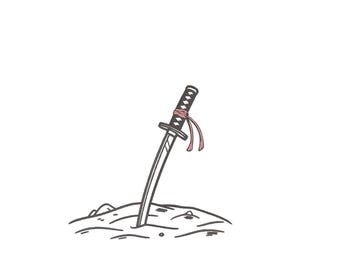 Diseño de bordado a máquina de espada samurái en roca, 4 tamaños, 2 colores, descarga instantánea