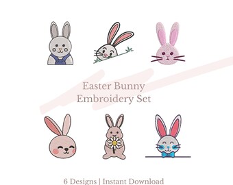 May include: Set of six Easter bunny embroidery designs. The designs feature bunnies in various poses, including a bunny peeking out from behind a bush, a bunny holding a flower, and a bunny wearing a bow tie.