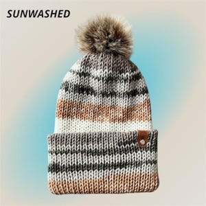 Handmade Knit Beanie with Faux Fur Pom Pom – Adult Winter Hat with Removable Tag