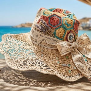 May include: A straw sun hat featuring a crown of colorful crocheted hexagons, a wide brim with intricate lace patterns of sea turtles and coral, and a beige ribbon printed with maps and the text Sun-Drenched Island, accented by a compass charm.