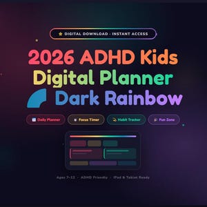 2026 ADHD Digital Planner for Kids | Interactive Dark Rainbow Dashboard | Kids Daily Routine & Focus Tracker | Browser-Based HTML Planner
