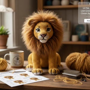 May include: A handmade crochet lion with a fluffy, golden mane and body. A ball of yellow yarn, a mug, and a pattern sheet are on the wooden table. The image includes the text "ULTRA REALISTIC Lion Crochet Pattern - Dream Aura Masterclass".