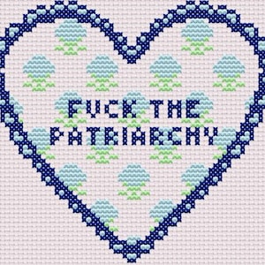 Vintage Heart Cross Stitch Pattern - F*** the Patriarchy, Blue Hydrangeas