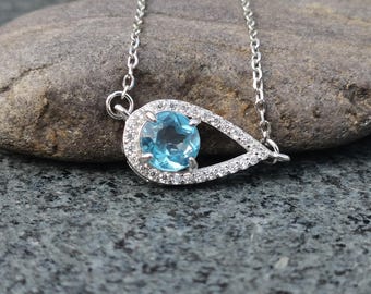 Collar de topacio de ojo malvado de plata, colgante de piedra preciosa de topacio azul natural, joyería de energía curativa