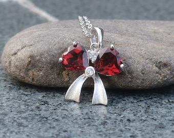 Collar de granate con lazo de plata, delicado colgante de piedra preciosa con lazo, joyería de piedra de nacimiento natural, regalo para ella