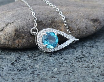 Collar de topacio azul con gotas de agua de plata, delicado colgante de piedra preciosa con forma de gota de lluvia, joyería inspirada en la naturaleza.