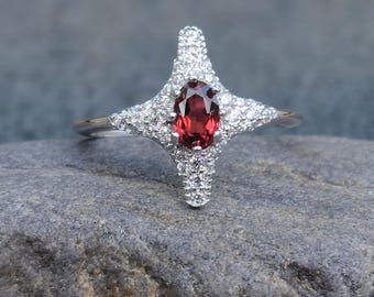 Anillo de plata con granate y estrella del norte, ajustable, piedra de nacimiento natural de enero, joyería celestial