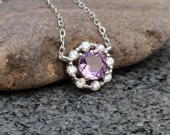 Collar de amatista con flor de plata, delicado colgante de flor morada, joyería de plantas naturales