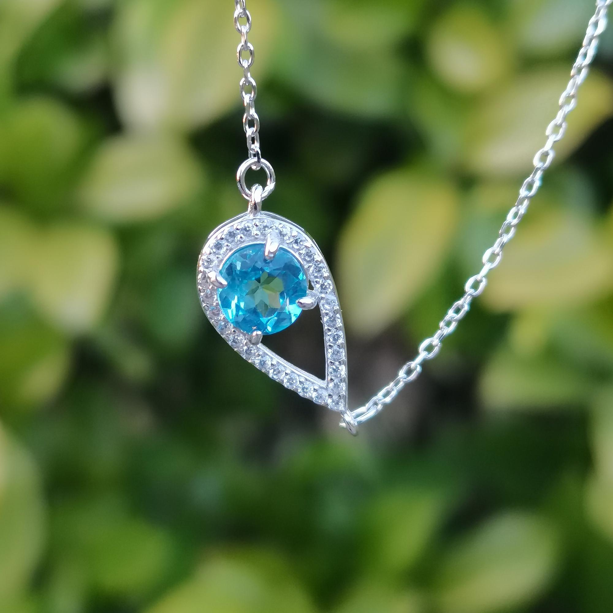 Waterdrop Ocean Blue Topaz Pendant Necklace - Lab-Created Stone In Platinum Plated Silver - 18 Inch Chain
