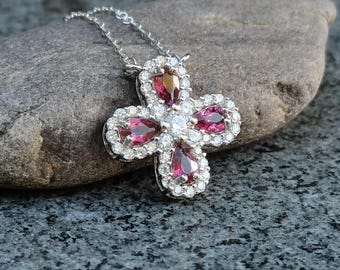 Collar de trébol de plata con rubelita, delicado colgante de trébol de cuatro hojas con turmalina roja, joyería de piedras preciosas naturales