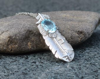 Collar de topacio con plumas de plata, delicado colgante de libertad, joyería con encanto natural bohemio, regalo para ella