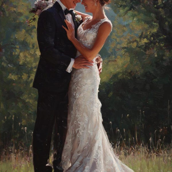 Custom Handmade Wedding Portrait Oil Painting for Engagement Gift